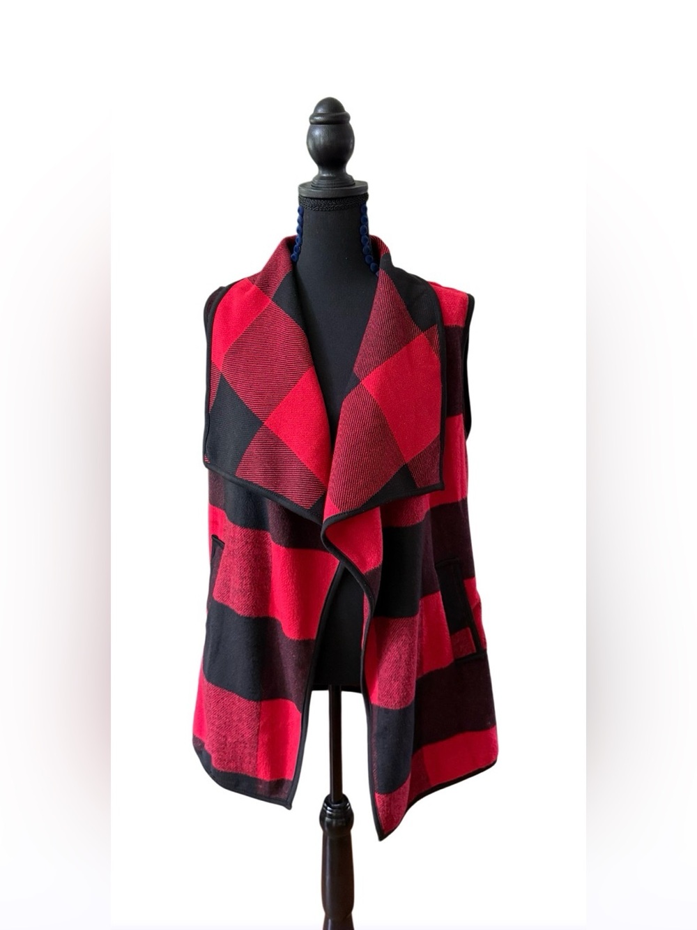 Yacun Open-Front Buffalo Plaid Knit Vest Jacket